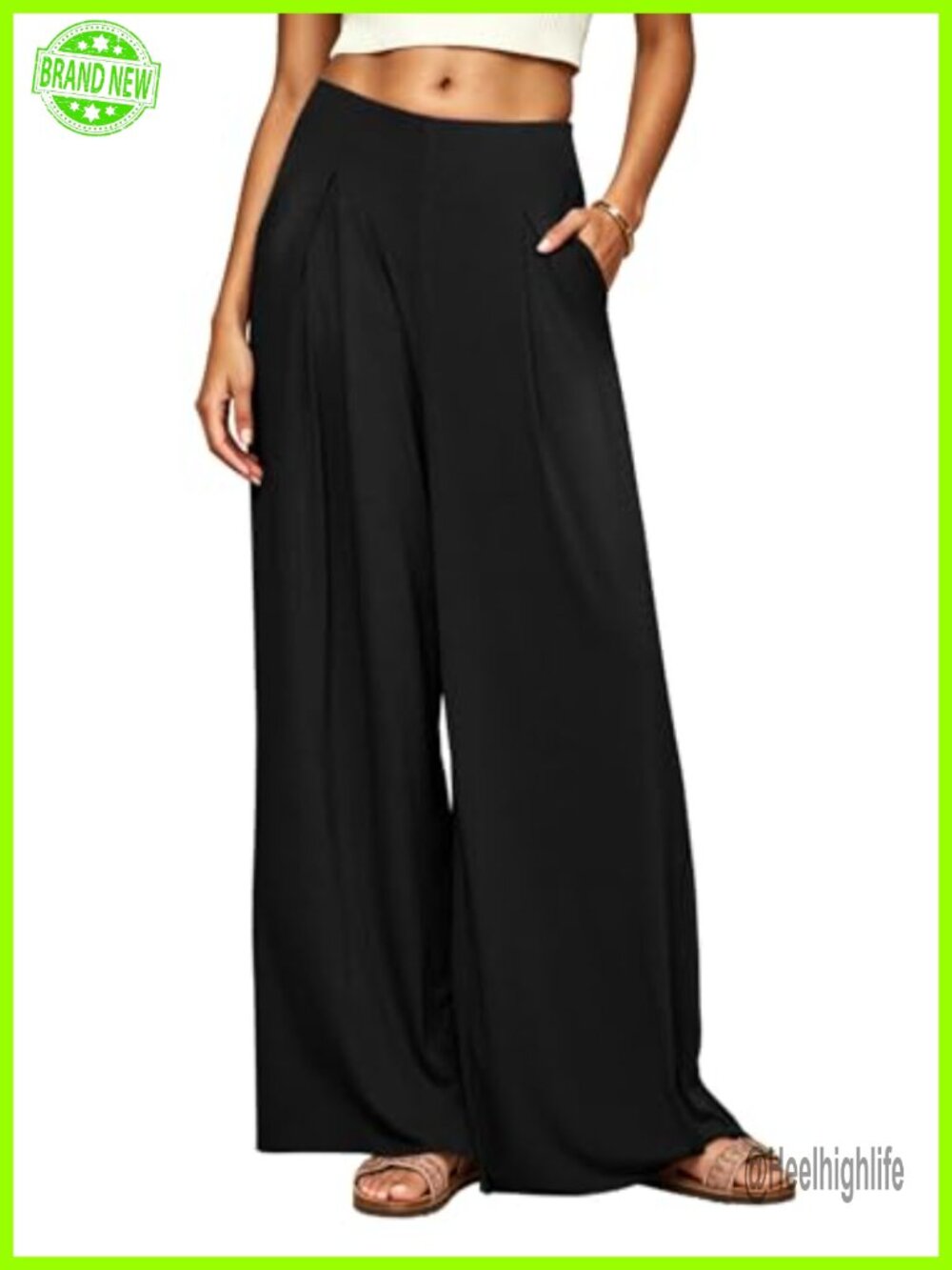 Womens Wide Leg Palazzo Pants Ribbed High Waist Pleated Trousers